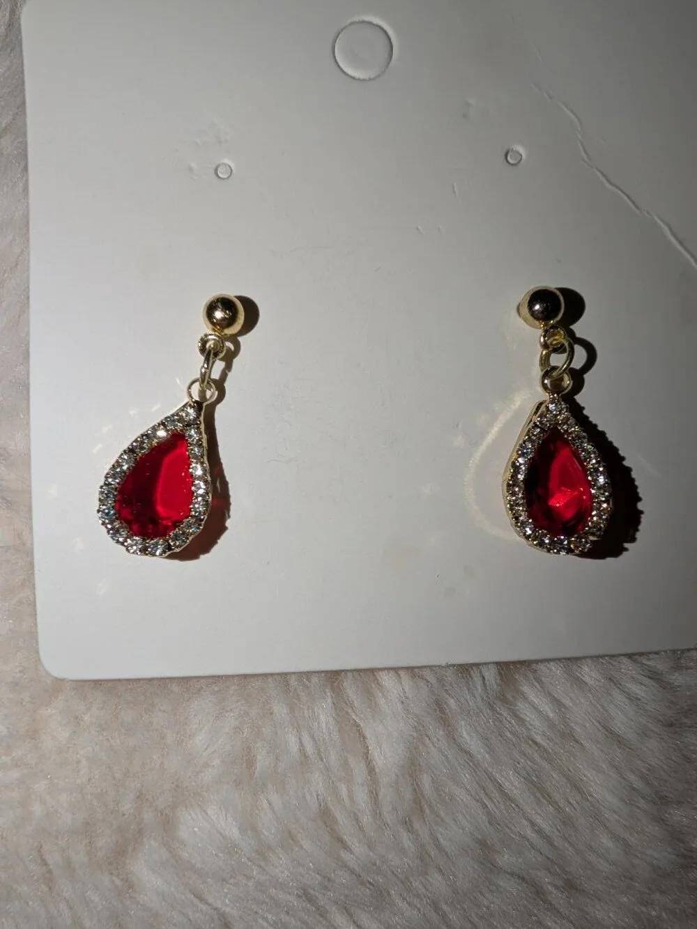 Gold Tone Ruby Red Pear-Cut Halo Drop Earrings
